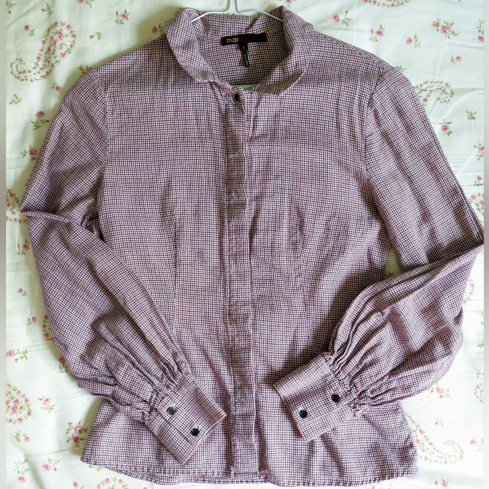 Maje 1 Small XS houndstooth button up long balloon sleeve blouse top pink cotton